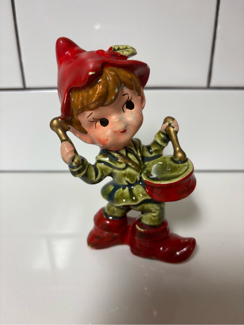 Vintage Ceramic Pixie Santa Elf Playing Drums Christmas Figurine Japan 5"